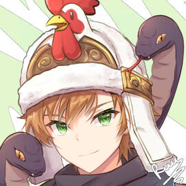 A boy with brown hair and green eyes, wearing a chicken hat, in anime style.